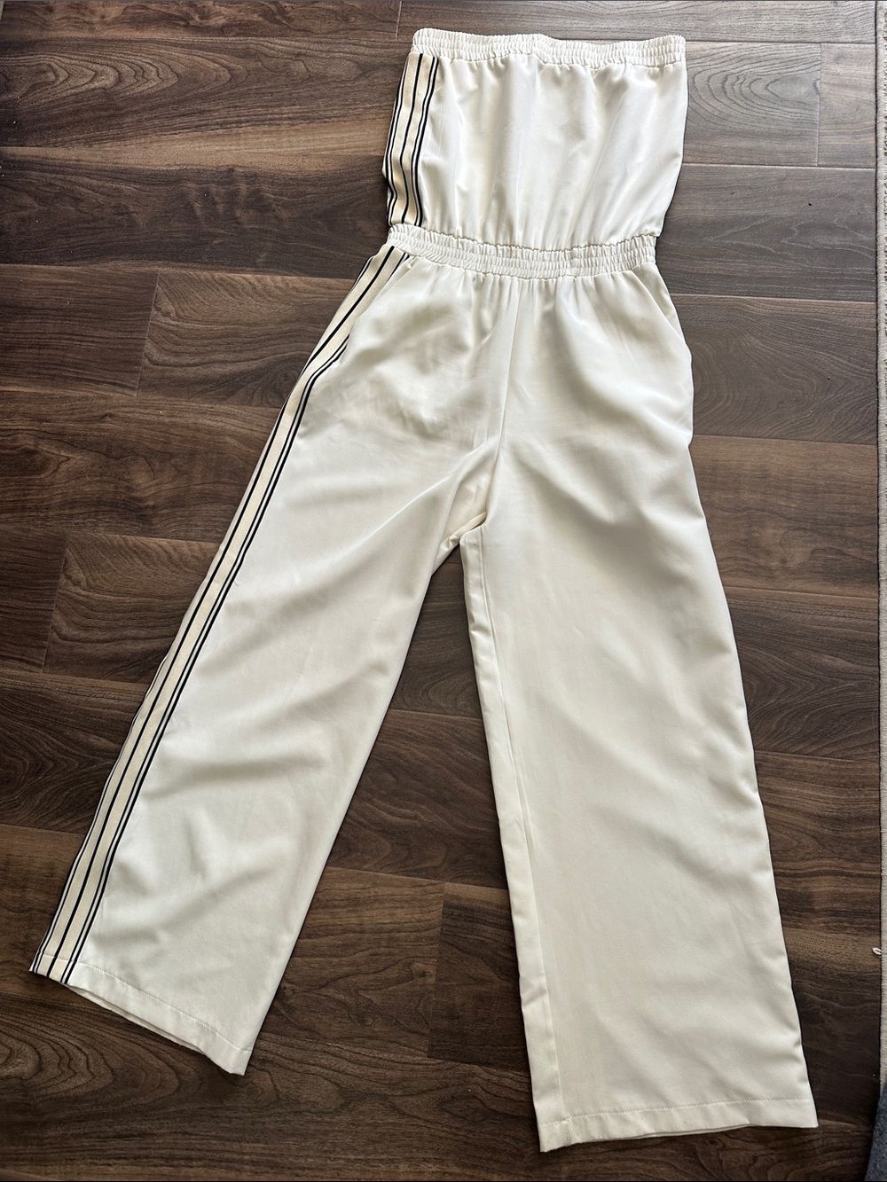 Anthropologie Cream Strapless Wide-Leg Jumpsuit with Black Side Stripes